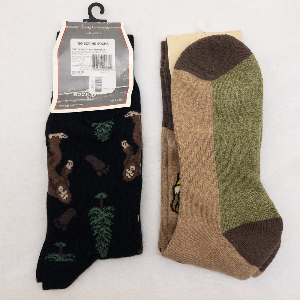 Socksmith Crew Socks Lot of 2 Mens OS Black Tan Bigfoot Sasquatch Outlands - Picture 2 of 2